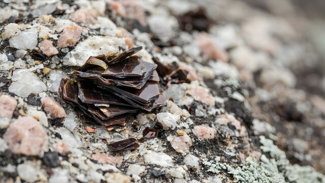 Clump of fragile dark brown seaweed lying on rocky shoreline surface with pebbles and sand