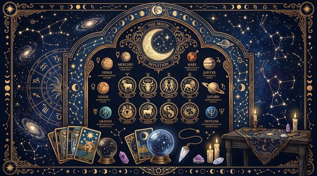 Astrology zodiac wheel chart with tarot cards and crystal ball on a dark celestial background