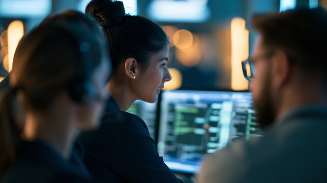 rear view of a multiracial group of software engineers wearing headphones discussing program code and data flow diagrams on multiple monitors in a bright tech office, silhouette