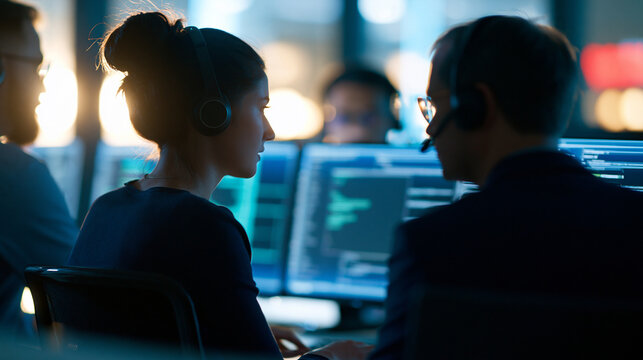 rear view of a multiracial group of software engineers wearing headphones discussing program code and data flow diagrams on multiple monitors in a bright tech office, silhouette