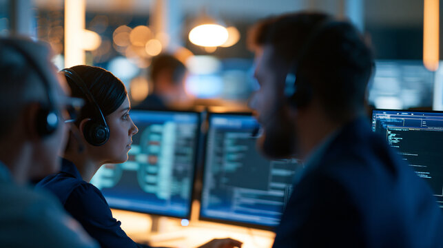 rear view of a multiracial group of software engineers wearing headphones discussing program code and data flow diagrams on multiple monitors in a bright tech office, silhouette