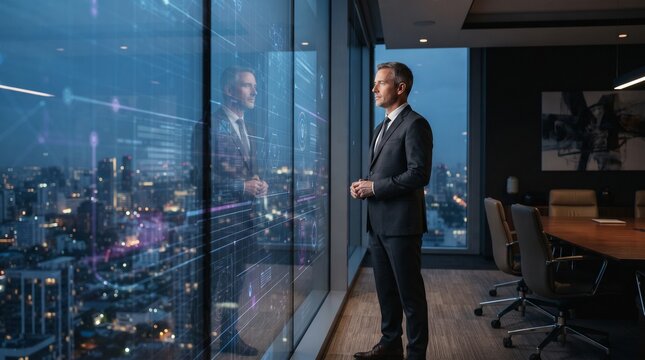 Corporate male security officer standing in a glass boardroom reflecting on enterprise cyber risk management at dusk.