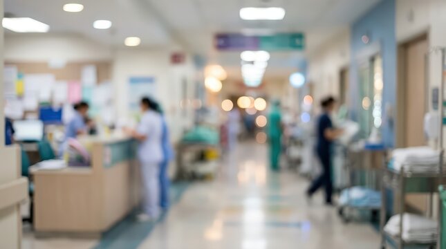 Hospital staff members work at a nursing station in a busy medical corridor. The scene features a soft focus effect with blurred figures moving through the clinical hallway.