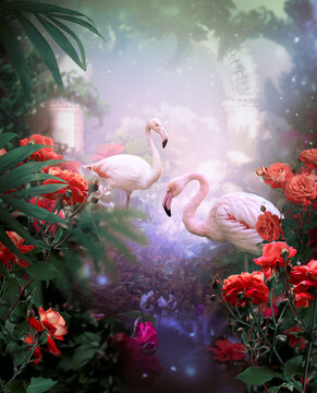 Pink flamingo couple in fantasy tropical jungle forest with ancient stone arch, two birds, palm tree and greenery in misty fairy tale rainforest, mysterious floral vertical background, mystic nature.