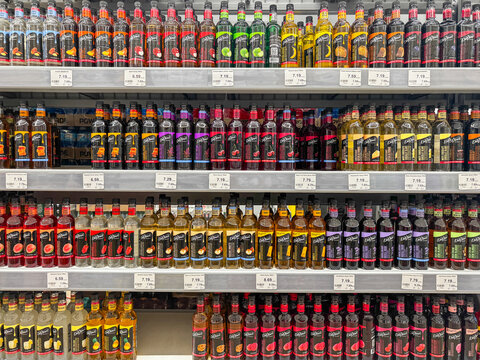 Mesa, Arizona - August 29, 2026: DaVinci flavored syrup for coffee and beverages, shelf full of various flavors