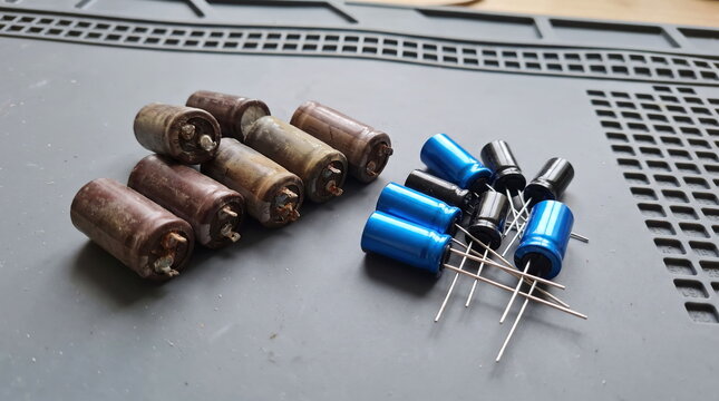 Comparison of degraded vintage brown capacitors alongside bright new electrolytic replacements on a gray silicone soldering mat