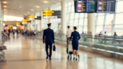Fototapeta premium Airline crew members walk through a blurred airport terminal concourse. Professionals in uniform carry luggage while moving toward their departure gate in a bright transit area.