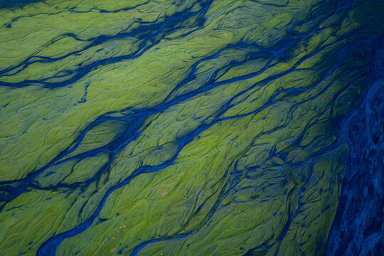 Aerial view of a braided river system with vibrant green mossy banks and dark blue glacial water channels, Iceland.