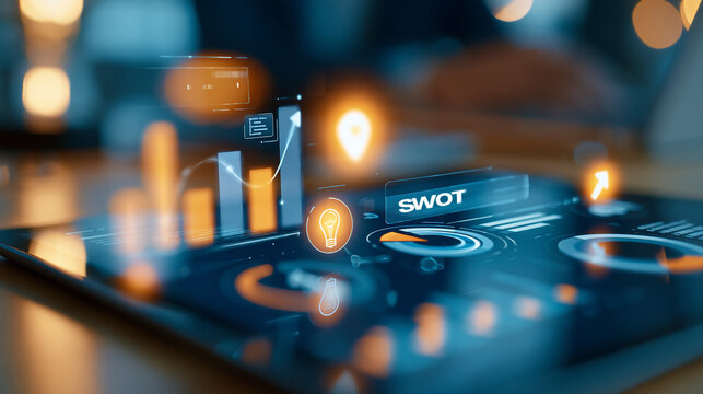 close up of a competitor research swot analysis infographic with glowing icons on a bright screen, macro detail shot, strategic planning, market research, business strategy,