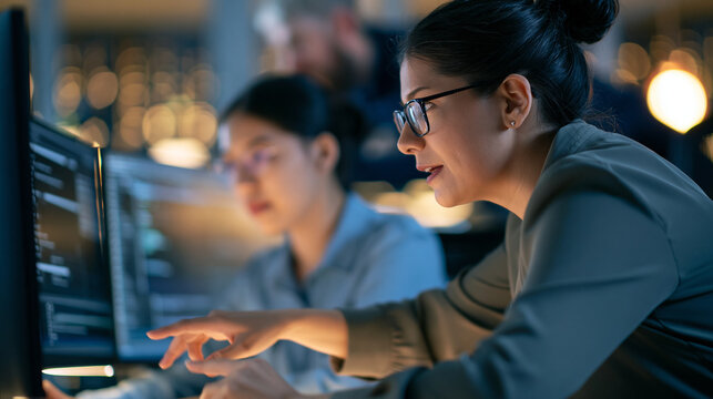 over the shoulder view of a senior female mentor guiding a young asian software developer at a dual monitor workstation in a bright collaborative tech office, cropped composition,