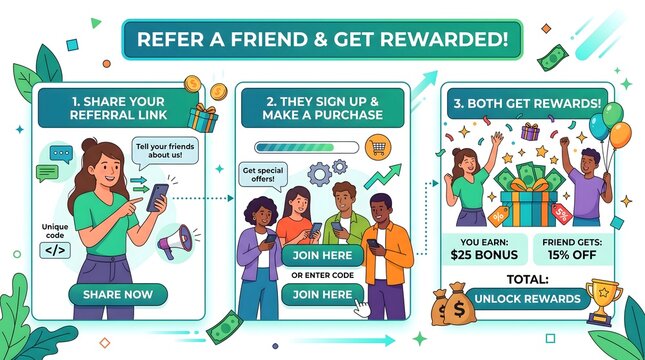 Refer a friend and get rewarded step by step guide infographic with people and icons