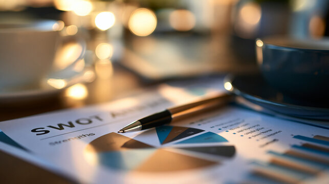 close up of a strategic business blueprint document with a swot analysis chart on a bright desk, macro detail shot, strengths and opportunities, informed decision making, growth