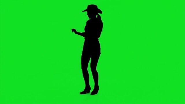 Silhouette of a cowgirl dancing happily on a green screen chroma key background