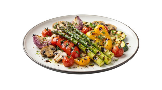 Plate of gourmet grilled assorted vegetables isolated on transparent background for healthy food photography