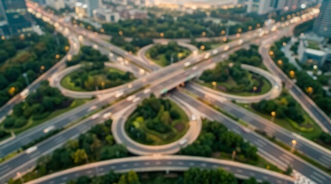 Aerial view of a complex highway interchange with multi-level roads and cloverleaf junctions. Blurred traffic flows through the urban infrastructure surrounded by green trees.