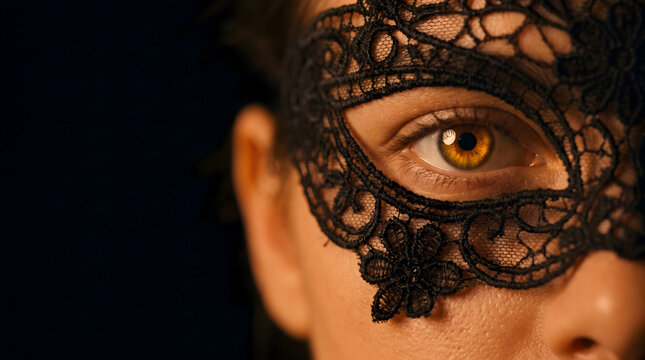 Close-up of woman wearing black lace masquerade mask.