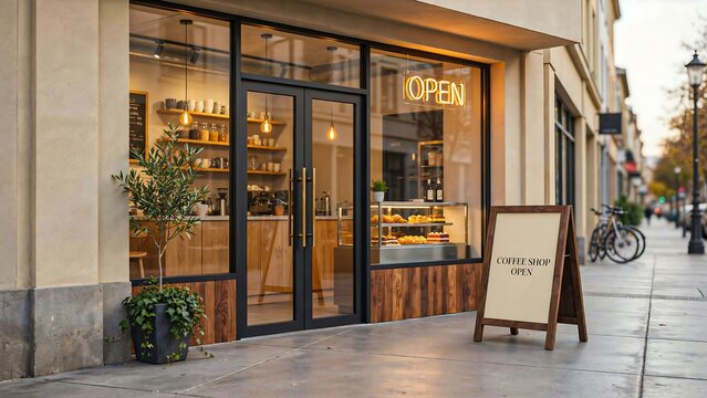 Modern coffee shop storefront with open sign and outdoor sidewalk seating area