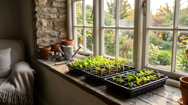 Seedling trays with young green plants growing on a wooden windowsill indoors. Starting vegetable seeds for a home garden in spring