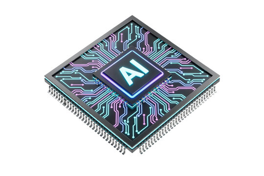 Square computer processor chip with glowing neon ai text and integrated circuit board patterns isolated on a transparent background