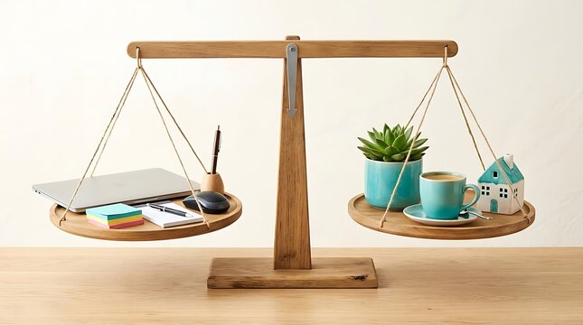 Wooden scale balances office equipment like a laptop and notebook against lifestyle objects including a coffee cup, a small plant, and a miniature house.