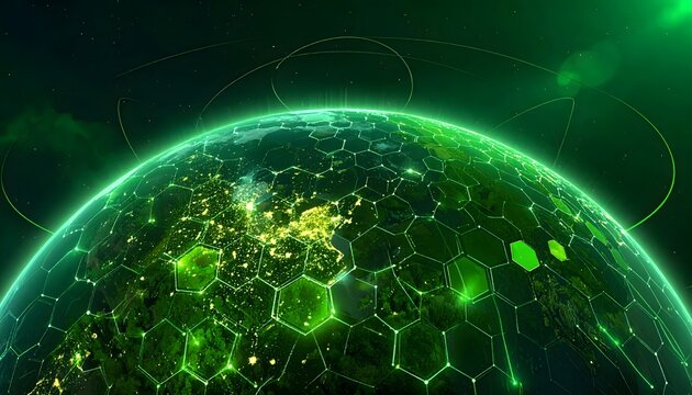 Futuristic green digital globe with glowing hexagon network representing global technology and data connection.
