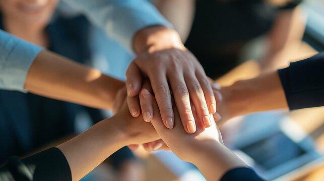 overhead view of diverse hands stacked together above a bright office table, aerial composition, teamwork, human resources technology, corporate partnership, trust, unity,