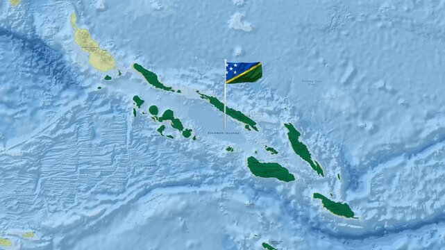Solomon islands flag waving over detailed ocean floor map animation clip