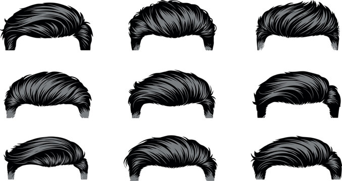 Set of mens modern hairstyles vector illustration black hair cuts and quiff pompadour styles isolated on white background