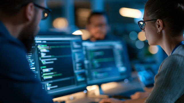 over the shoulder view of a senior and junior developer pair programming at a computer desk with code on bright screens, cropped composition, mentorship, software development,