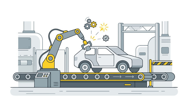 Robotic arm working on a modern car chassis in an automated factory line setting flat vector graphic illustration design style