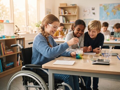 Disabled girl in wheelchair doing chemical experiment with classmates in science classroom laboratory.