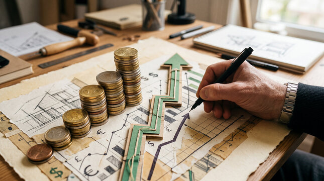 Hand drawing growth chart next to coin stacks for financial planning