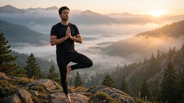 Man practicing tree pose at sunrise mountain overlook, Golden light meditation yoga balance misty valley, Tree pose yoga nature sunrise wellness meditation
