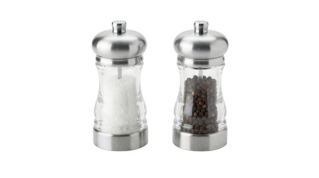 Set of modern glass salt and pepper grinders with metal tops isolated on transparent background for kitchen decor