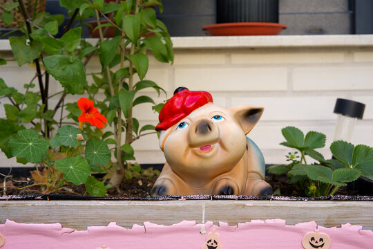 Figura decorativa de cerdito sonriente con gorro en una jardinera con plantas y flores.