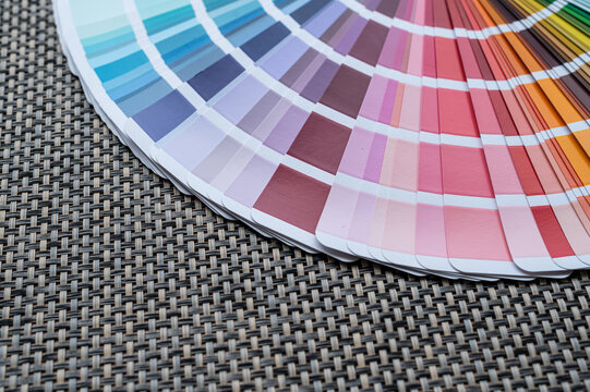Close up of Colorful Swatch Deck Palette Samples for Graphic Design and Printing Industry