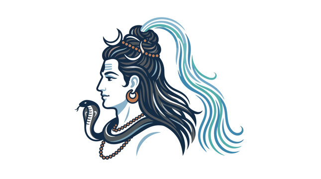 Side profile vector illustration of Lord Shiva with Ganga river flowing from matted hair, crescent moon, cobra around neck, and third eye, isolated on white background.