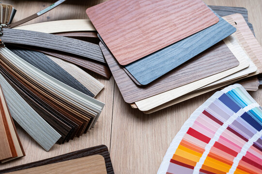 Close up of Bright Color Fan Chart Spread with Diverse Wood Texture Samples for Home Decor Match