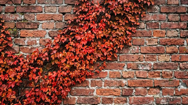 Vibrant red ivy vine climbing on a weathered, aged red brick wall in autumn