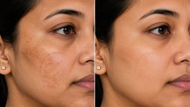 Close up profile of female cheek showing hyperpigmentation melasma and clear bright skin post cure.