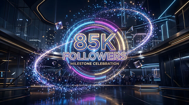 85K Followers Milestone Celebration Neon Glowing Social Media Anniversary Virtual Event Stage