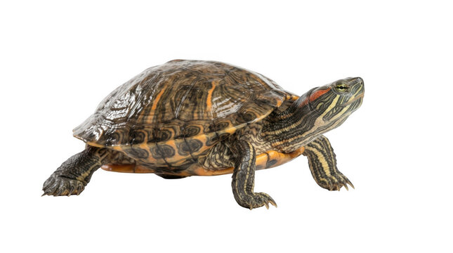 Red-eared slider turtle standing on white surface isolated on transparent background
