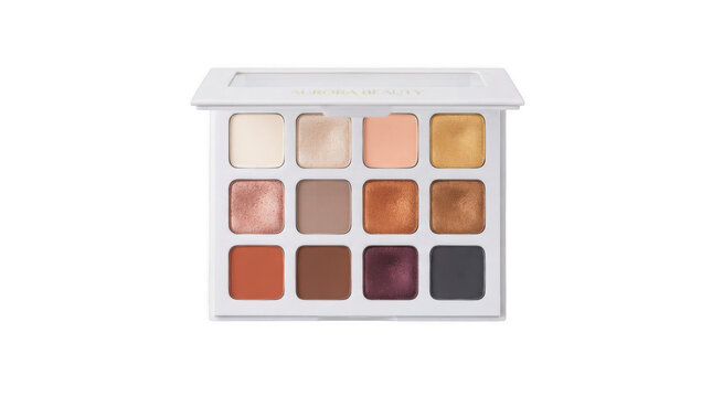 Professional eyeshadow makeup palette with twelve colorful shades isolated on a transparent background