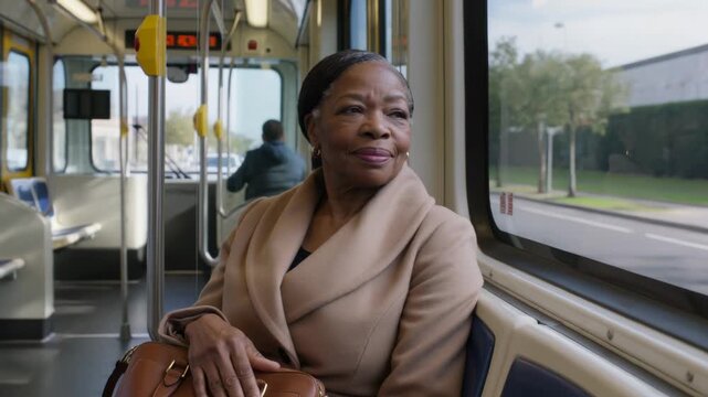 Watching woman in camel-coat turning to window as bus passes trees, holding brown leather handbag