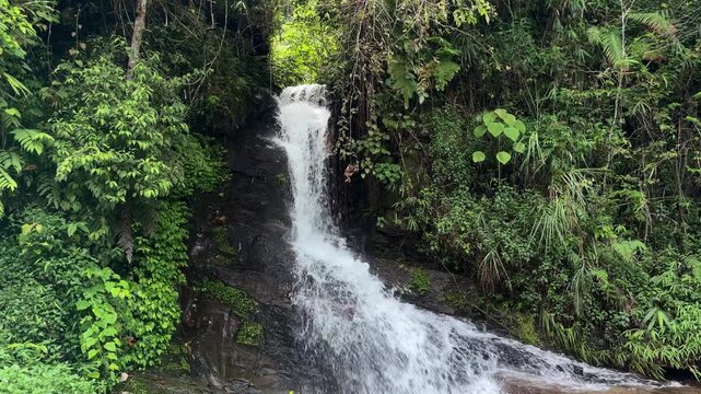 A majestic wide shot capturing a powerful natural waterfall cascading down rocky cliffs surrounded by dense green forest vegetation.