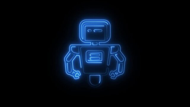 Glowing blue robot character icon on black background