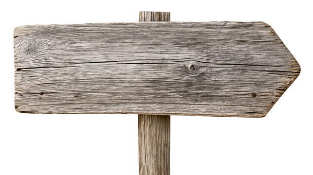 Weathered rustic wooden arrow signpost with textured grain