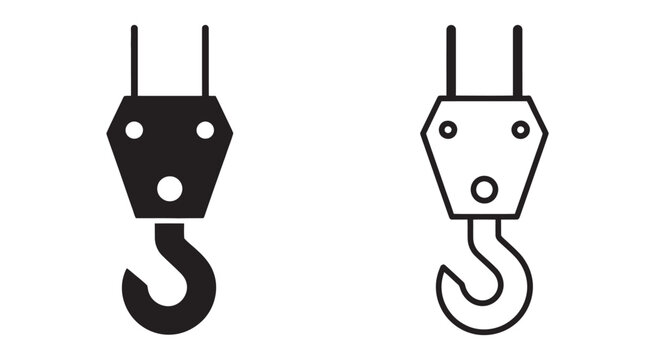 Two crane hook icons, filled and outlined styles, side by side, industrial lifting symbols, vector illustration, isolated white background

