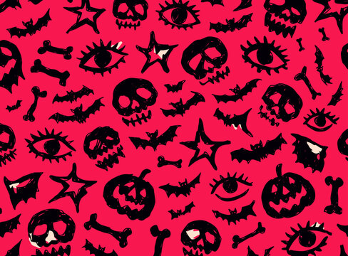 Punk Halloween seamless pattern, hand-drawn gothic skulls and bats on red background, edgy emo aesthetic vector wallpaper