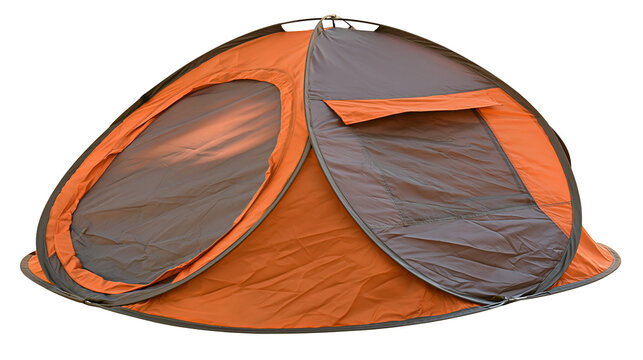Orange and grey pop up camping tent with circular doors